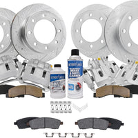 14pc Front & Rear Drilled Slotted Rotors Calipers Ceramic Brake Pads Kit