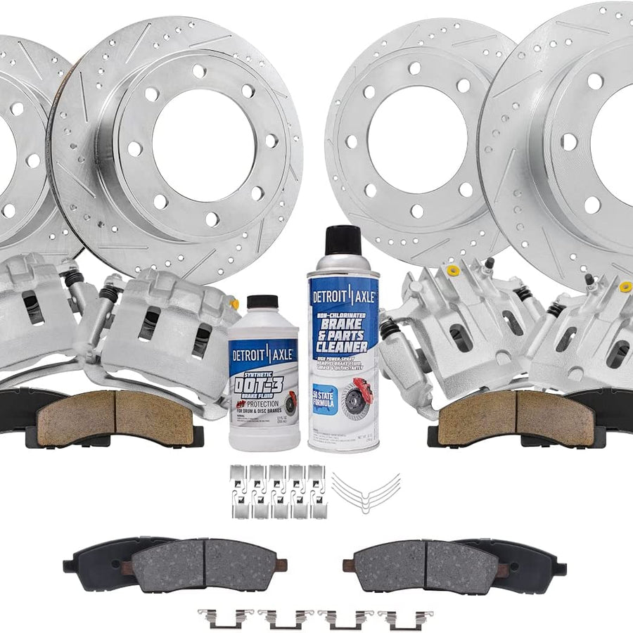 14pc Front & Rear Drilled Slotted Rotors Calipers Ceramic Brake Pads Kit