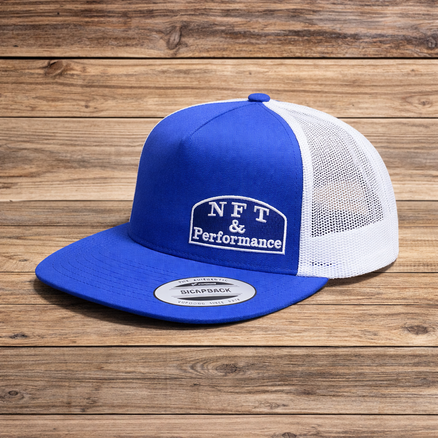 NFT & Performance Trucker Hat – Blue/White | Center Patch (Blue Logo)