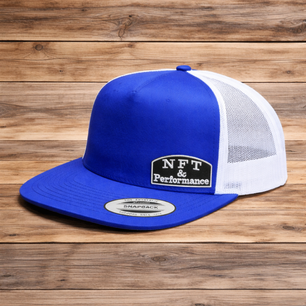NFT & Performance Trucker Hat – Blue/White | Lower Right Patch (Black Logo)