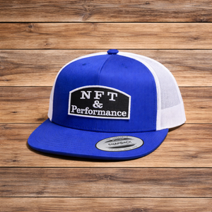 NFT & Performance Trucker Hat – Blue/White | Center Patch (Black Logo)