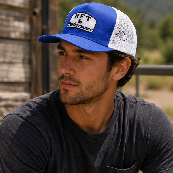 NFT & Performance Trucker Hat – Blue/White | Center Patch (White Logo)