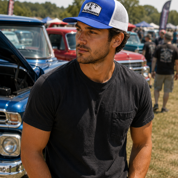 NFT & Performance Trucker Hat – Blue/White | Center Patch (White Logo)