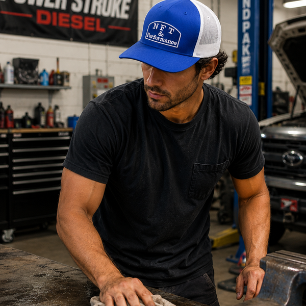 NFT & Performance Trucker Hat – Blue/White (Lower Right Logo)