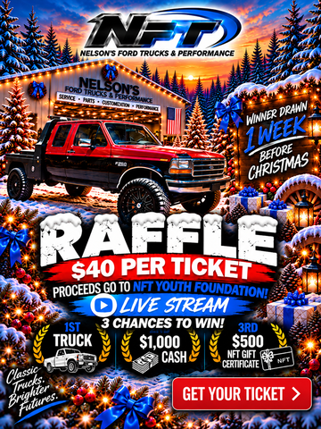 NFT Christmas Raffle: $40 per ticket. Win a truck, $1,000 cash or a $500 NFT gift certificate. Proceeds go to the NFT Youth Foundation. Winner drawn live one week before Christmas.